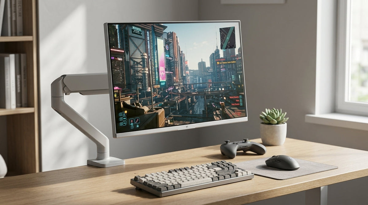 A 27-inch gaming monitor on a clean desk with a keyboard, controller, and soft daylight in a typical US apartment setup.