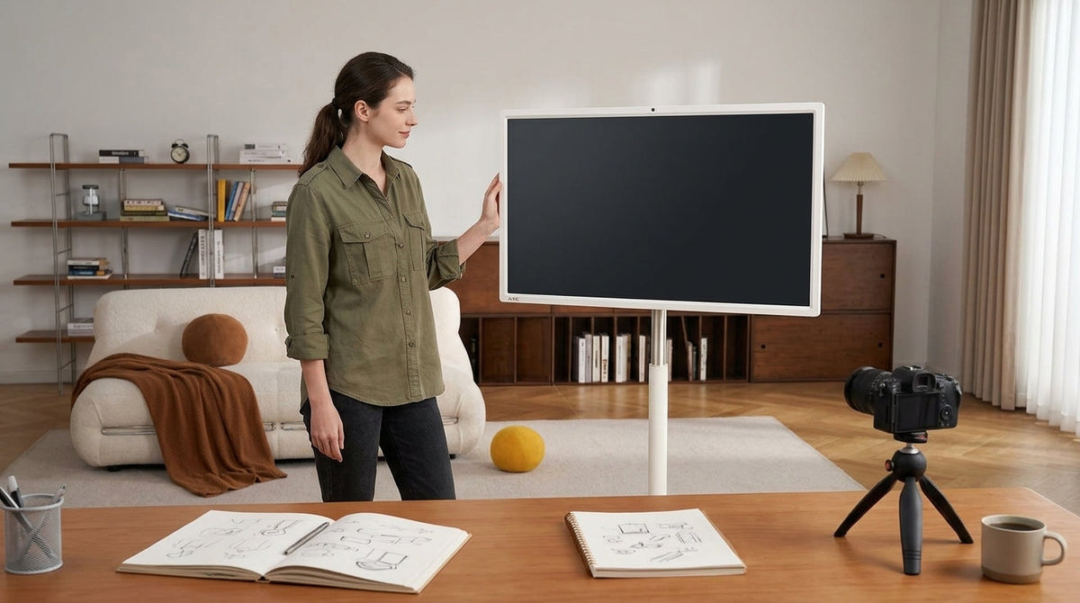 Creator in a modern studio planning around a rolling touch display for review, reference, and presentation work.