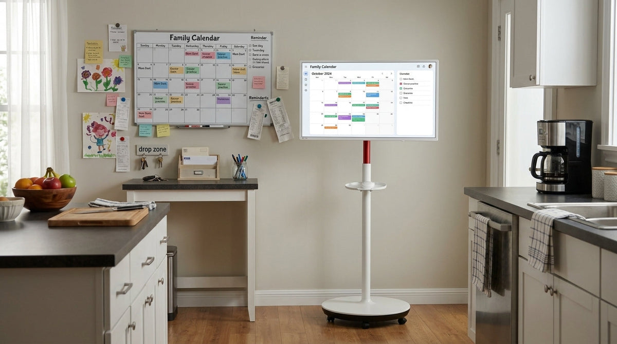 Neutral kitchen family command center with a rolling smart display beside a calendar, notes, and everyday meal prep items.