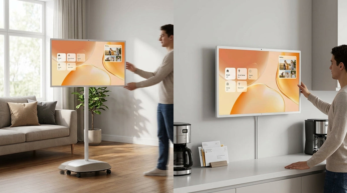 Rolling smart display beside a wall-mounted tablet in a home interior comparison scene