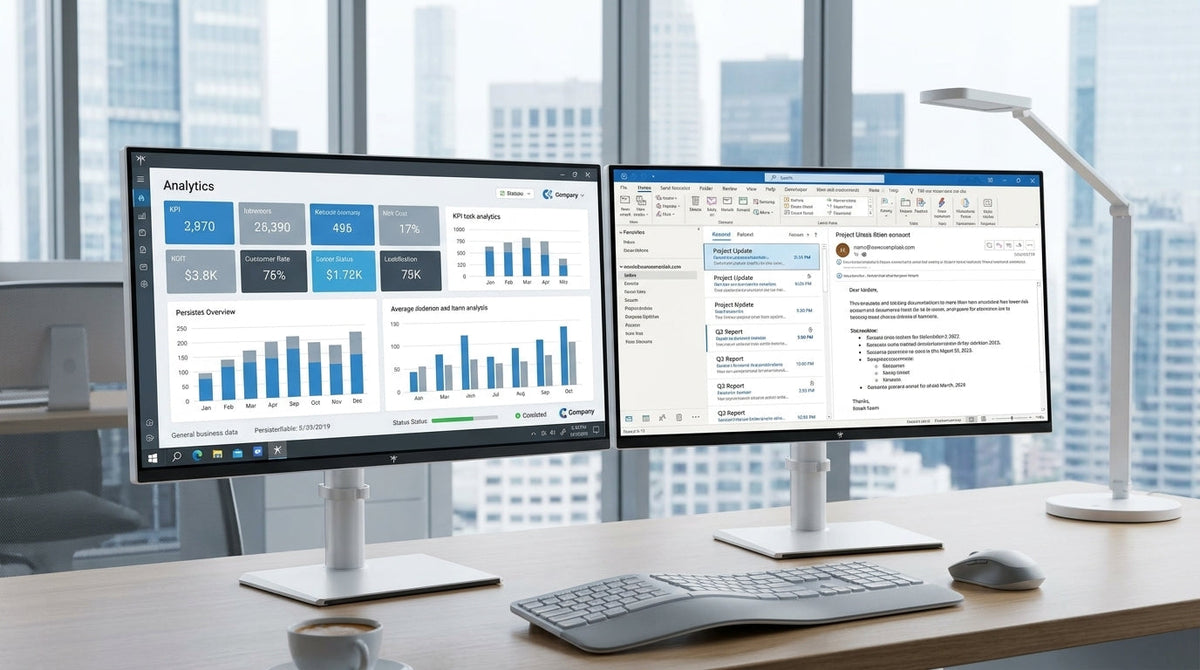 Office monitor setup with static dashboard widgets on one screen and changing work content on another, illustrating OLED burn-in risk and Mini-LED as the safer option.