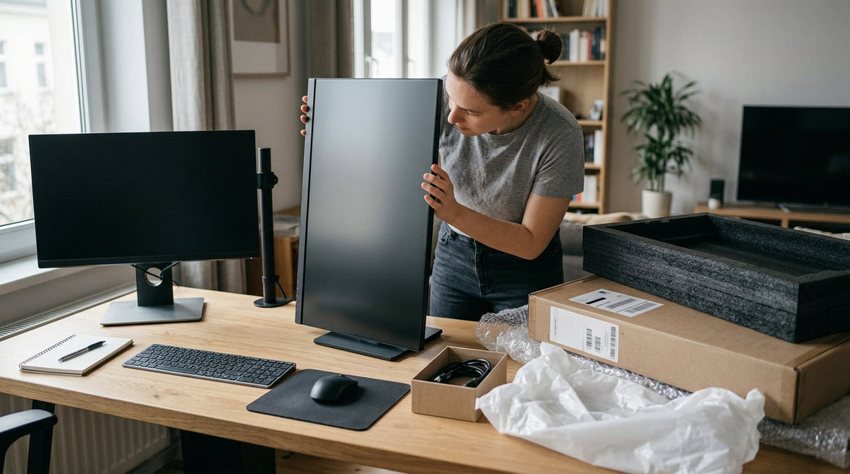 A new monitor being unboxed on a home desk during an initial arrival inspection.