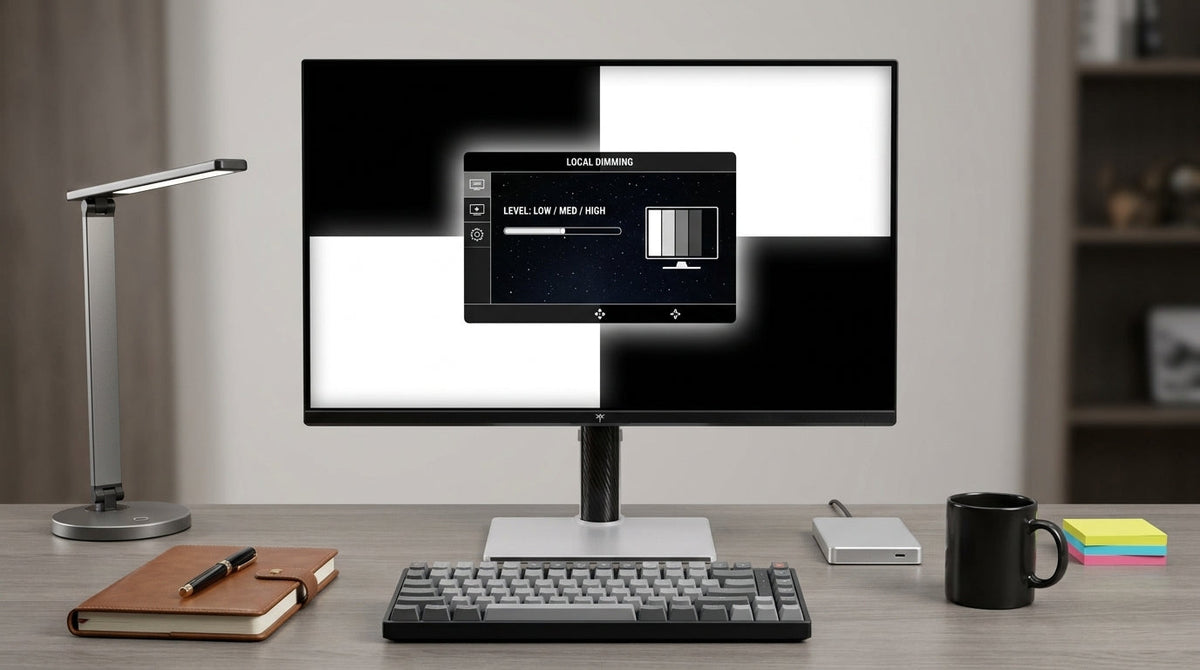 A modern desk setup with a monitor displaying a dimming control interface and a mix of bright and dark desk items, illustrating the challenge of tuning local dimming for mixed workspaces.