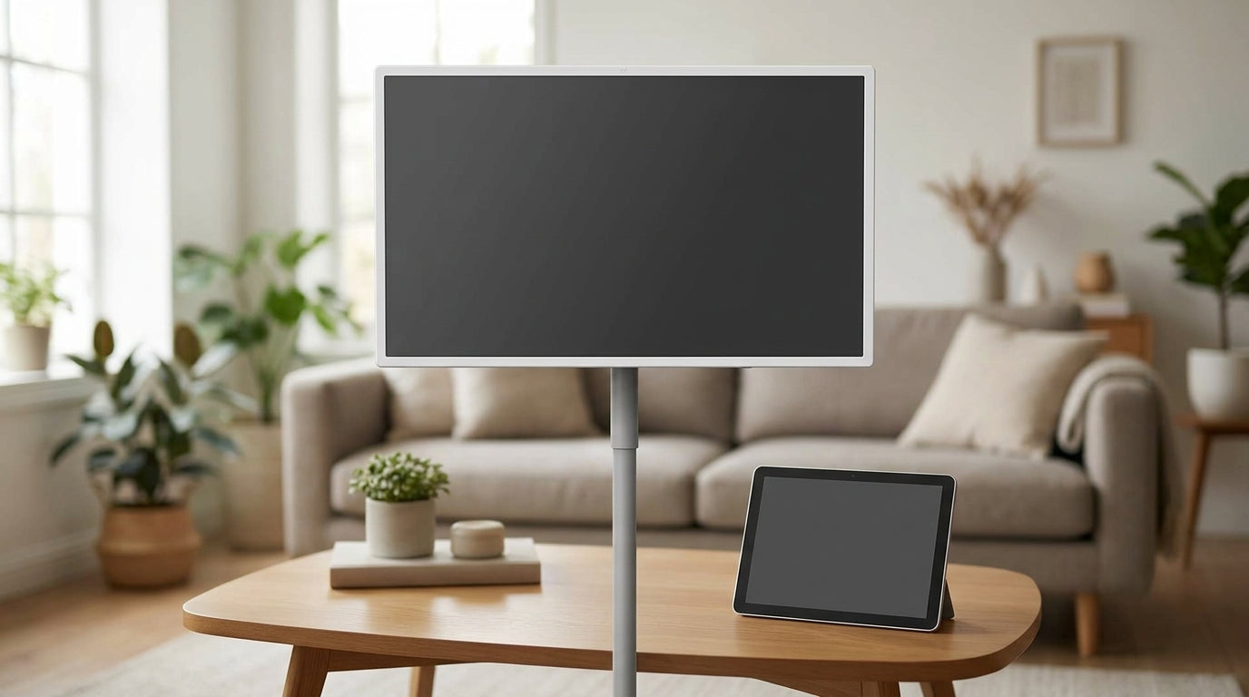 Un écran intelligent sur roulettes dans une pièce partagée, avec une tablette posée à côté pour illustrer la comparaison d’usage.