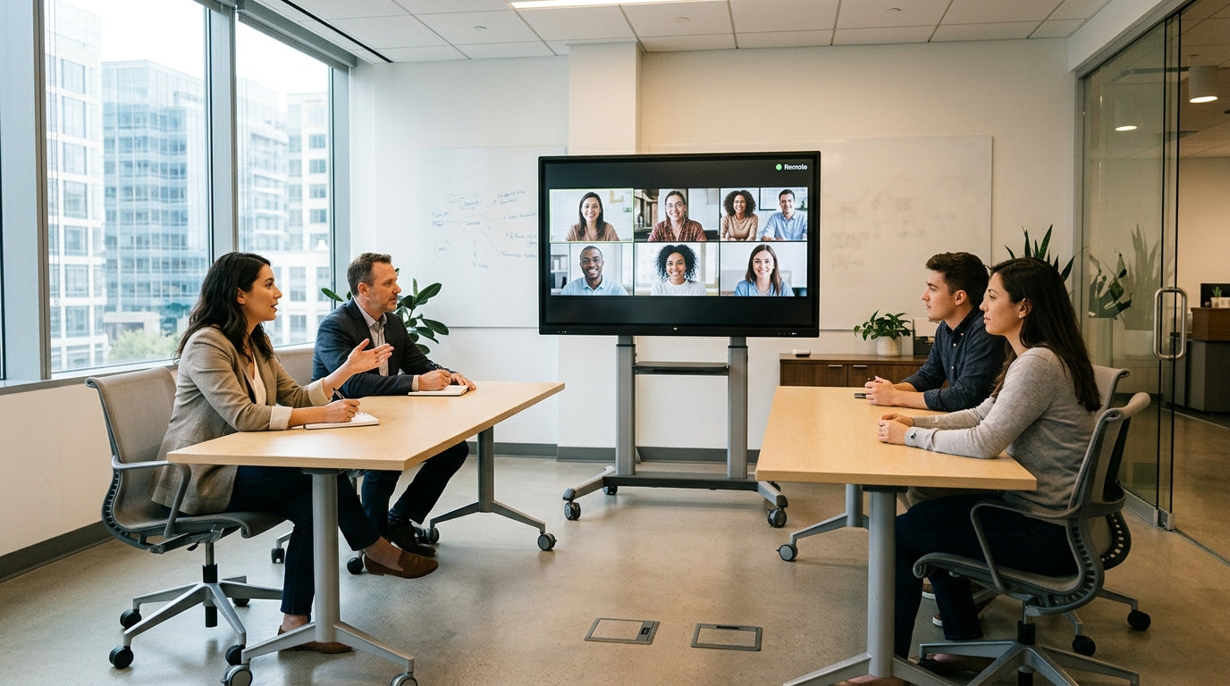 A modern hybrid meeting room with a mobile smart display on a rolling stand as the focal point.