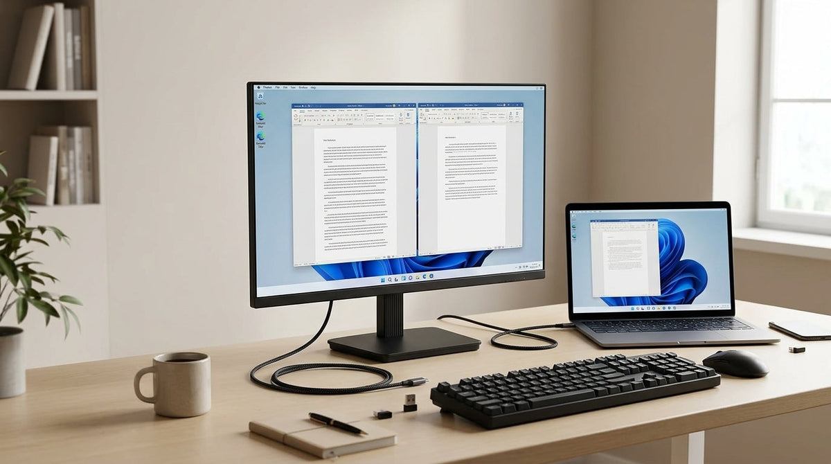 Laptop connected to a USB-C monitor with one clean cable on a home office desk