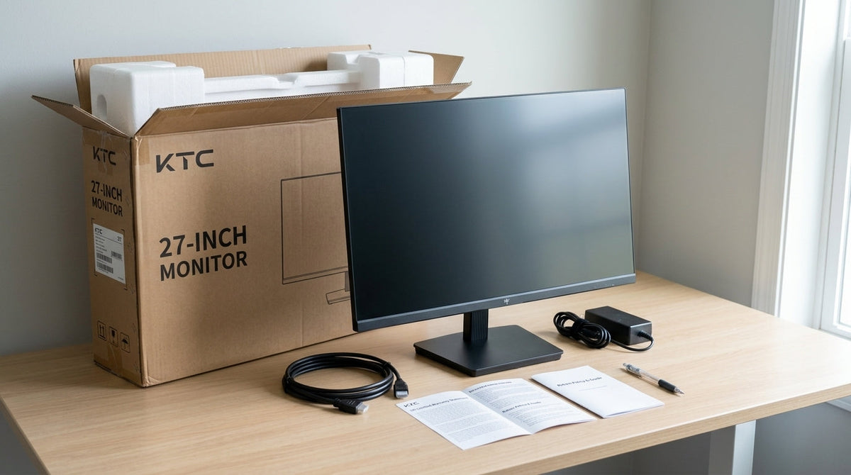 A KTC monitor on a desk beside its box and accessories, representing support and warranty questions after delivery.