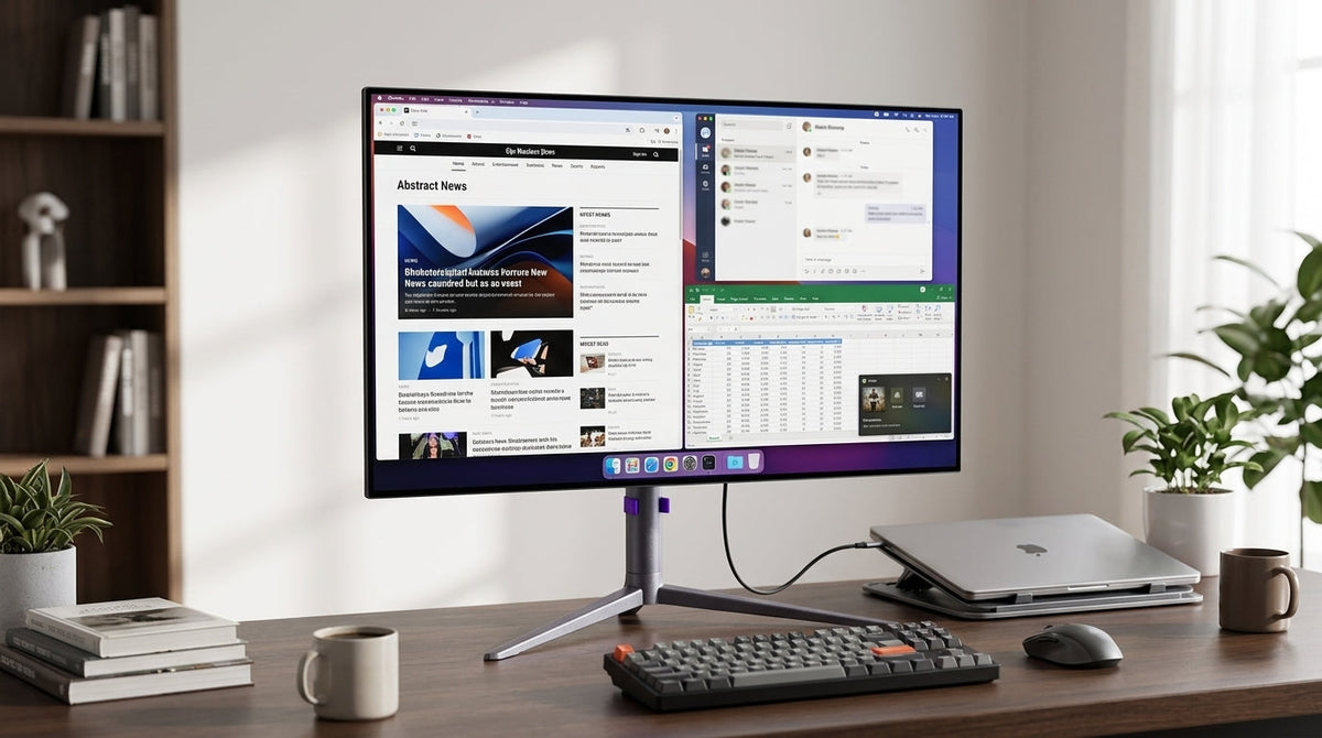 OLED gaming monitor on a work desk with a laptop, browser windows, and a game launcher nearby