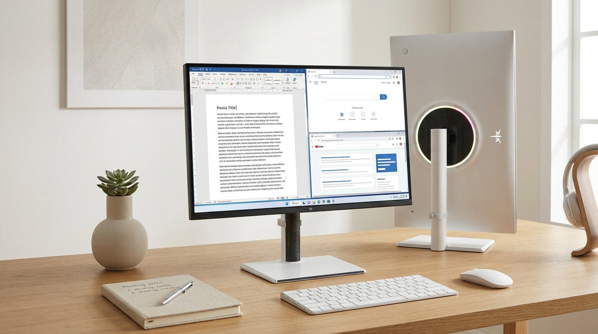 Mini-LED monitor on an office desk with a document window, bright cursor, and controlled room lighting