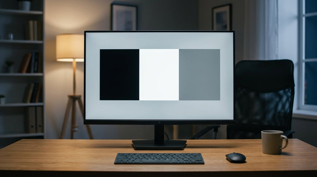 A new monitor on a desk with a simple screen test pattern and dark-room setup