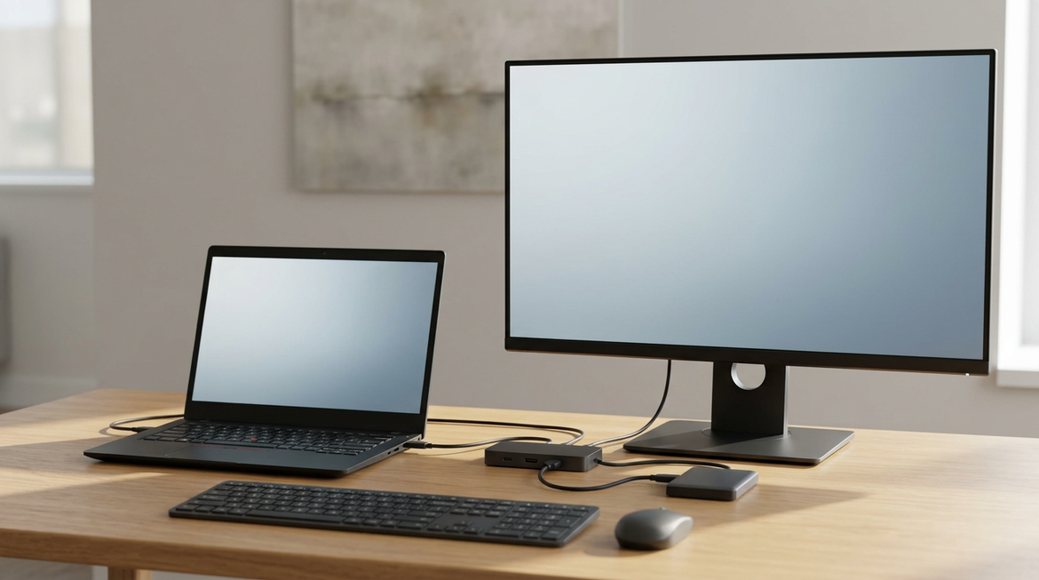 桌面上的 USB-C 扩展坞、笔记本电脑、显示器和外接设备,表现连接与供电、显示输出、数据传输的关系。