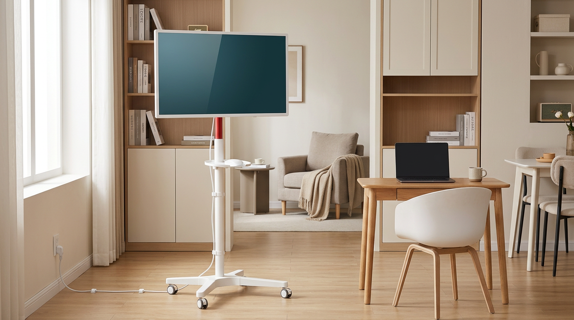 Rolling smart display in a small apartment living area
