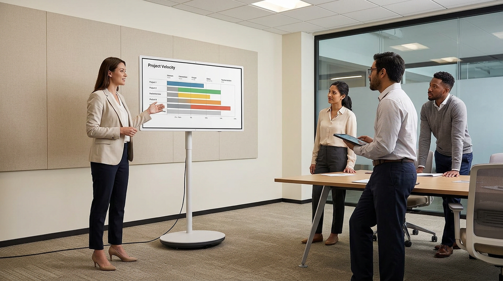 Rolling smart display on a mobile stand in a meeting room with a presenter and small group
