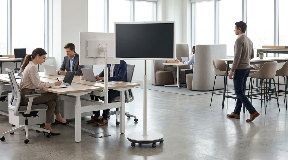 Rolling touch display on wheels in a hybrid office meeting area