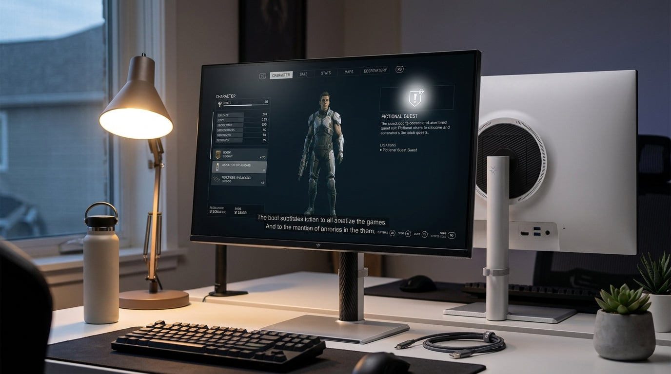 Mini-LED monitor on a mixed-lighting desk with subtle haloing around dark UI elements