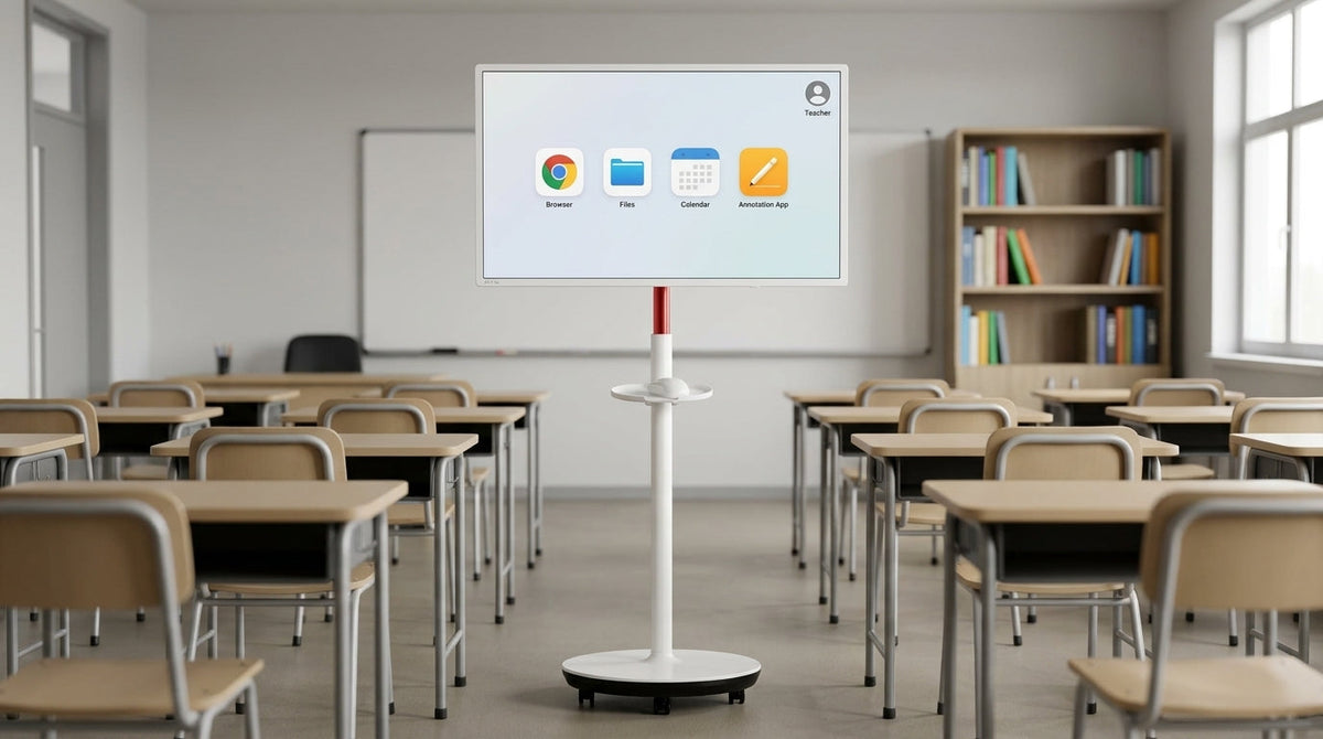 A classroom smart display on a rolling stand showing a clean pre-lesson setup
