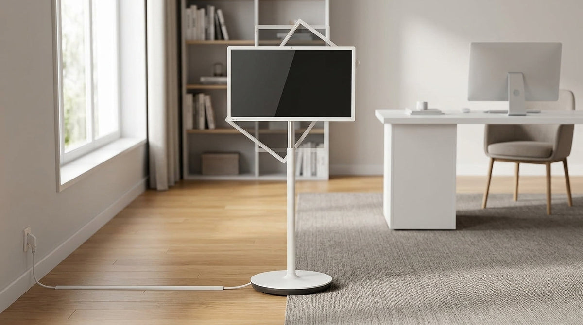 MegPad on a rolling base in a home workspace near a carpet and hardwood transition