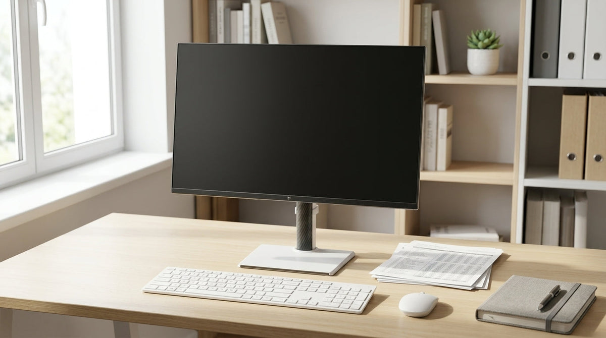 물건이 깔끔하게 정리된 밝은 업무용 책상 위에 모니터와 서류가 놓인 생산성 중심 작업 공간