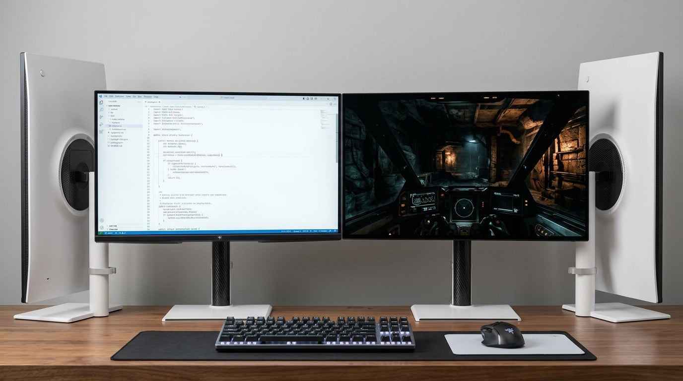 Mini-LED and OLED monitors on a developer desk beside a keyboard and code editor