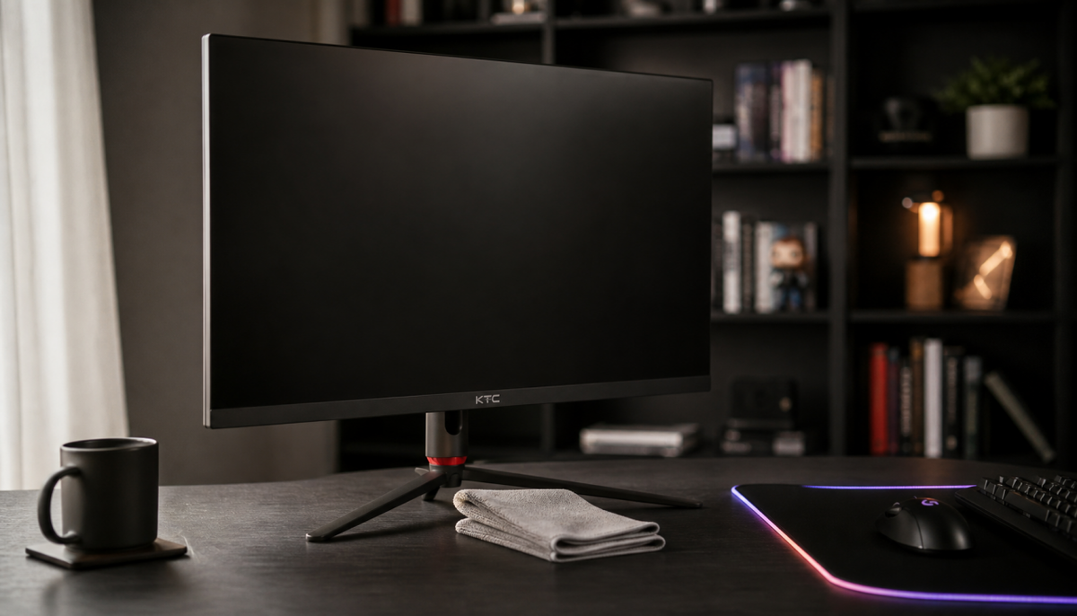 A gaming monitor on a clean desk with a microfiber cloth, illustrating safe monitor cleaning practices