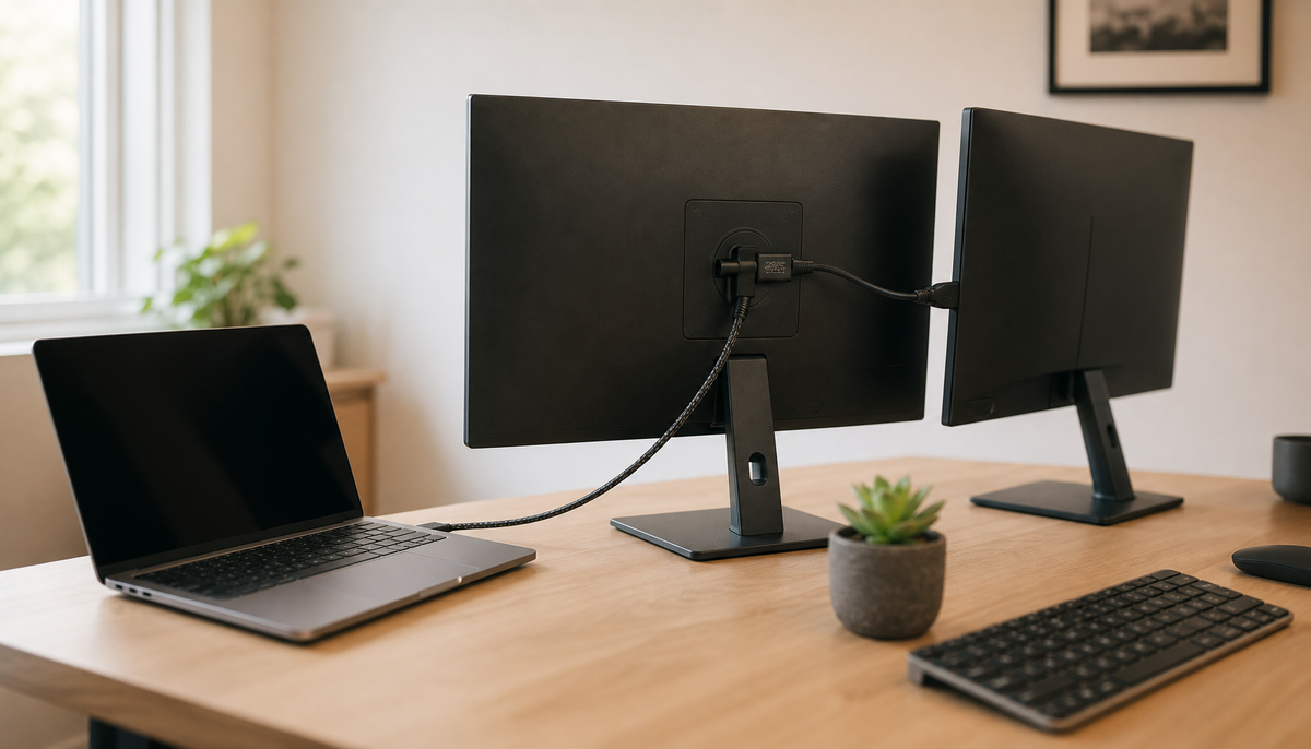A laptop connected to two monitors via a single USB-C daisy-chain cable on a minimal home-office desk