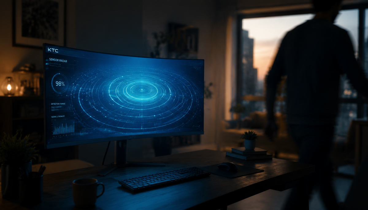 A monitor glowing with AI presence detection data in a dimly lit home office, representing privacy implications of smart display sensors