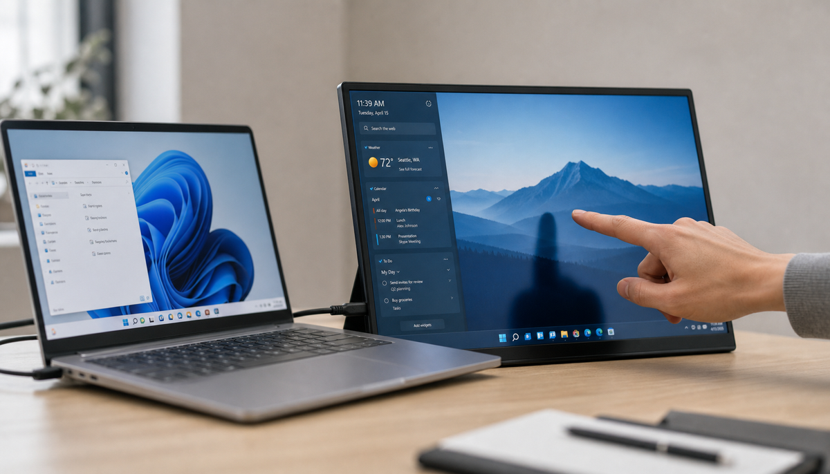 A portable touchscreen monitor next to a laptop on a desk, with a finger about to tap the screen to enable Windows touch input