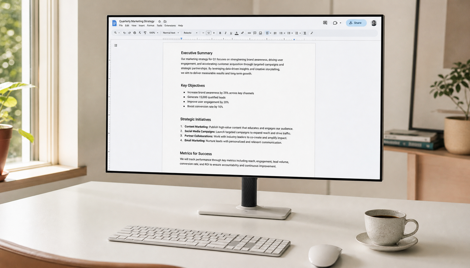 A smart monitor displaying a document editor on a clean home office desk, ready for PC-free productivity work