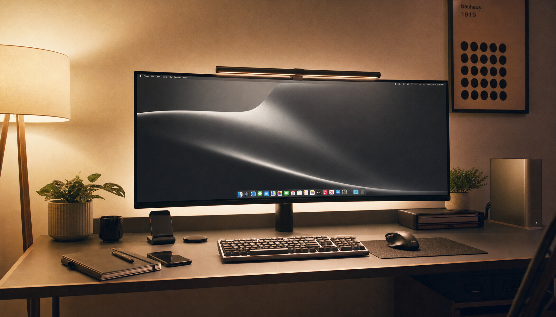 A well-lit home office desk with a large curved ultrawide monitor, monitor light bar providing downward task lighting, and soft bias lighting behind the display