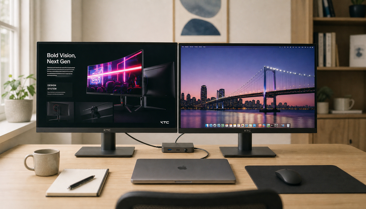 Clean home office desk with two 4K monitors connected through a single Thunderbolt 4 port and docking station