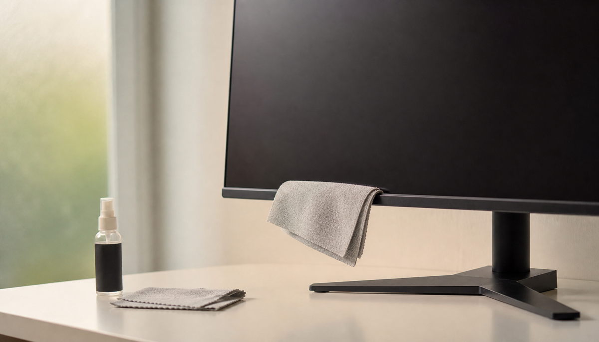 Clean microfiber cloth placed on the bezel of a powered-off monitor, ready for screen cleaning