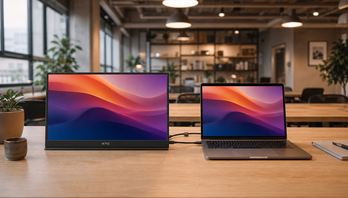 Clean portable monitor and laptop setup on a coworking desk connected by a single short USB-C cable with no visible clutter