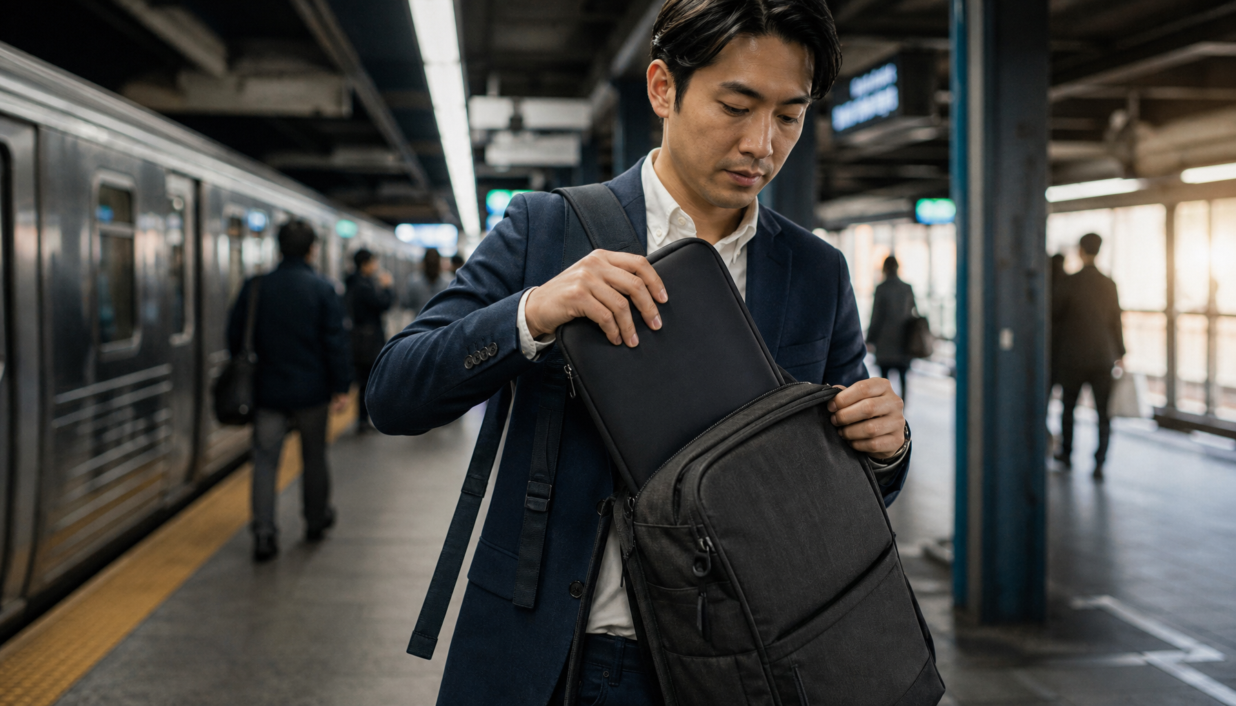 Commuter sliding a slim padded portable monitor sleeve into a backpack on a city metro platform before morning travel
