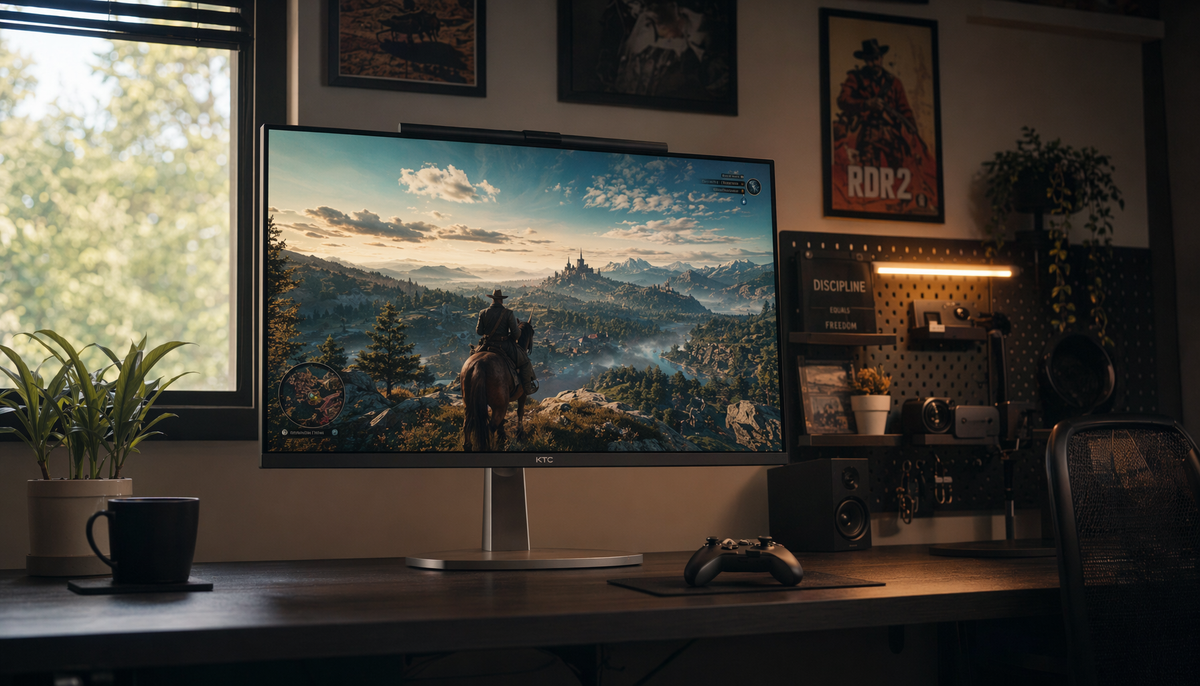 Console gaming setup with a 4K monitor in Quality Mode showing a cinematic game scene, controller on desk