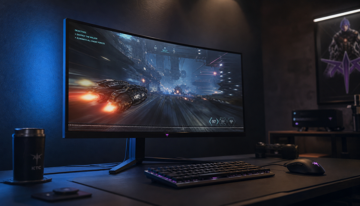 Curved gaming monitor displaying a game scene with a subtle VRR flicker artifact along the panel edge in a dark gaming room