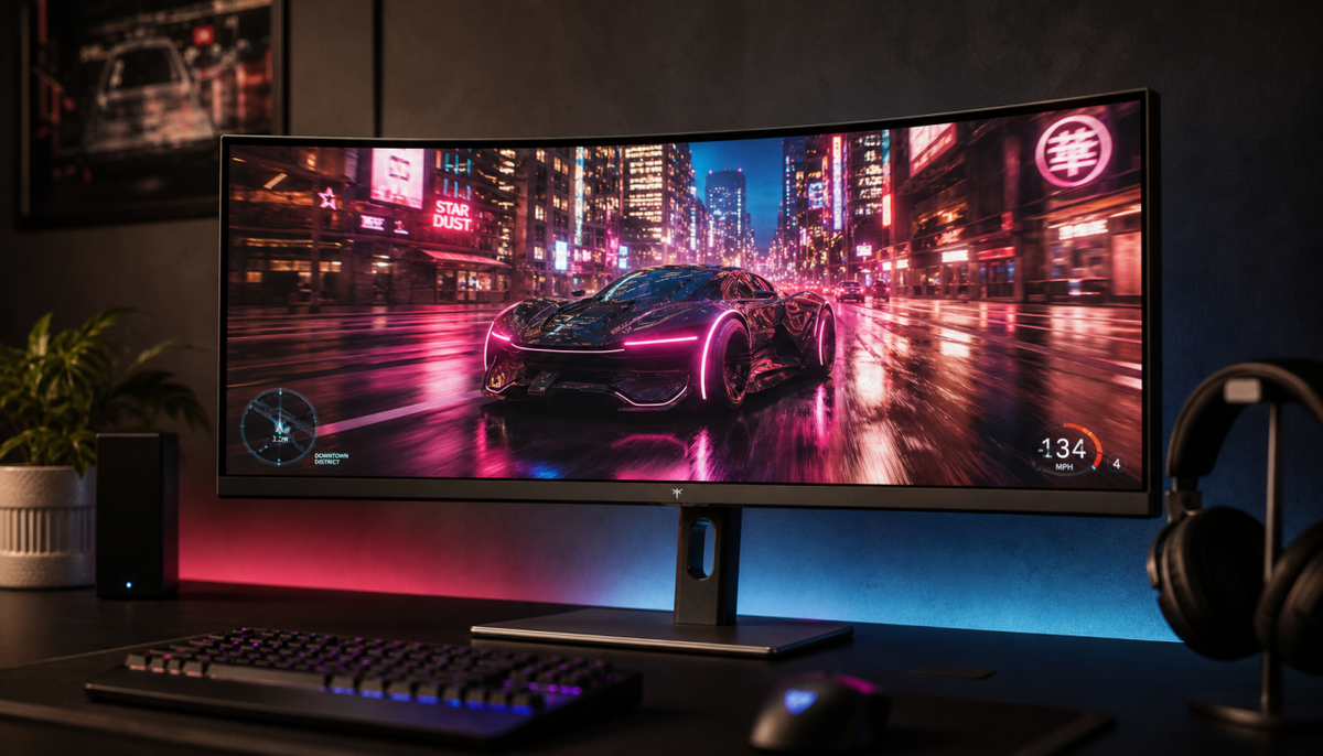 Curved ultrawide gaming monitor displaying a wide 21:9 field of view in a dark gaming setup