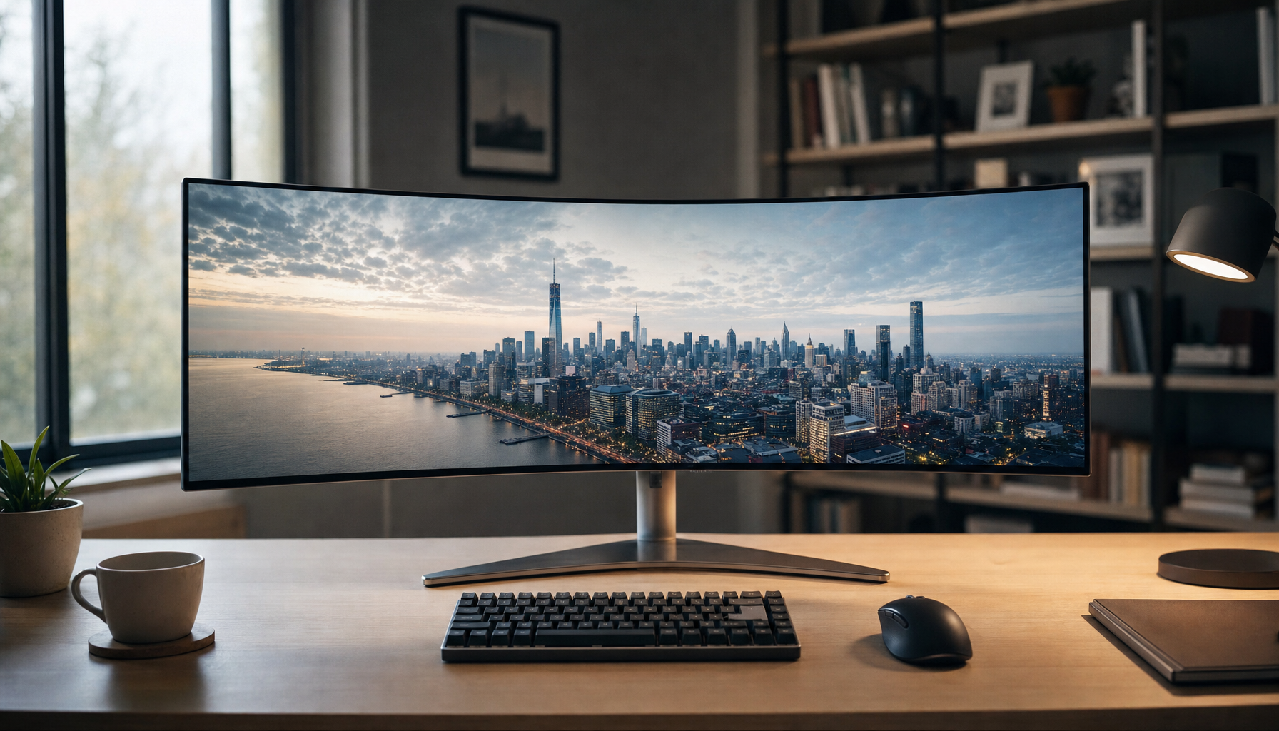 Curved ultrawide monitor on a clean home office desk showing a wide panoramic display, illustrating the 21:9 aspect ratio workspace experience