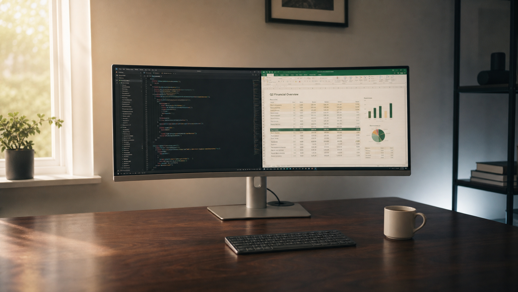 Curved ultrawide monitor on a minimal home office desk displaying a split productivity view with no bezel interrupting the workspace