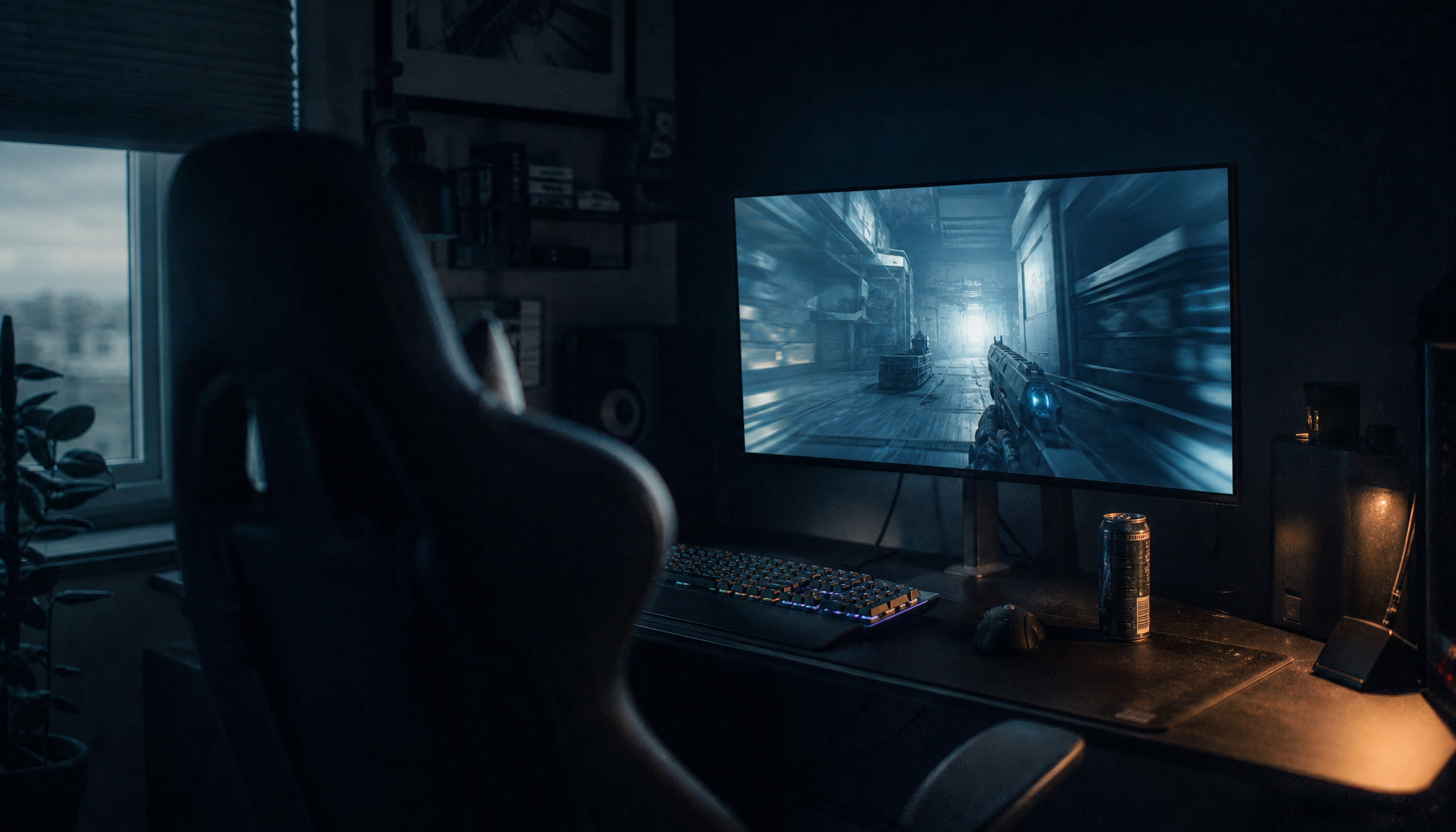 Dark gaming desk at night with a glowing monitor displaying a blurred FPS scene, empty chair suggesting visual fatigue from hours of play
