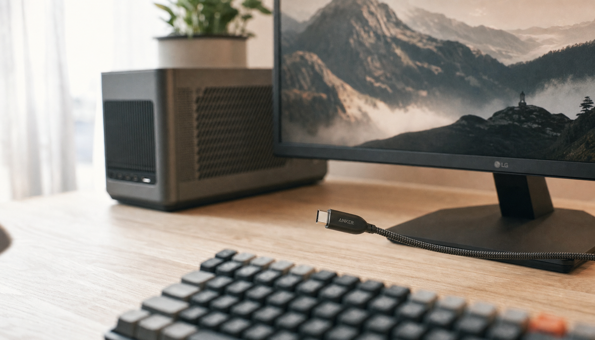 Desktop PC connected to a gaming monitor via a single USB-C cable on a clean home office workstation