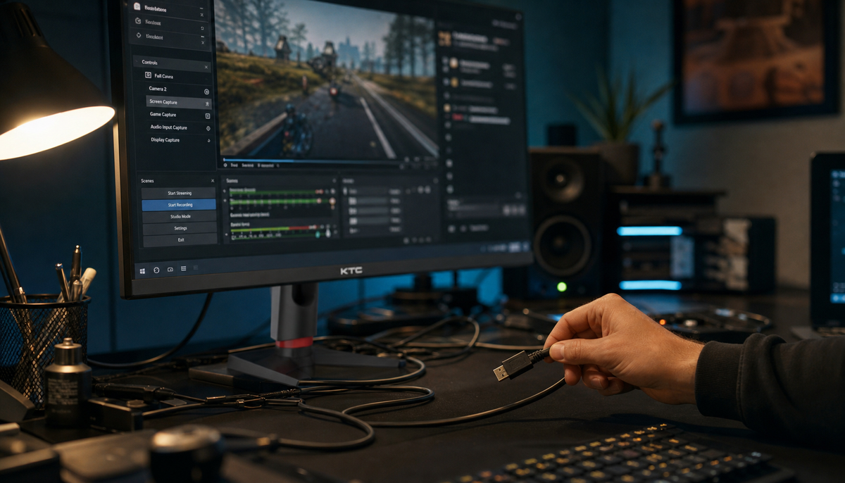 Desktop monitor showing stable video while user checks HDMI cable for audio dropout issues