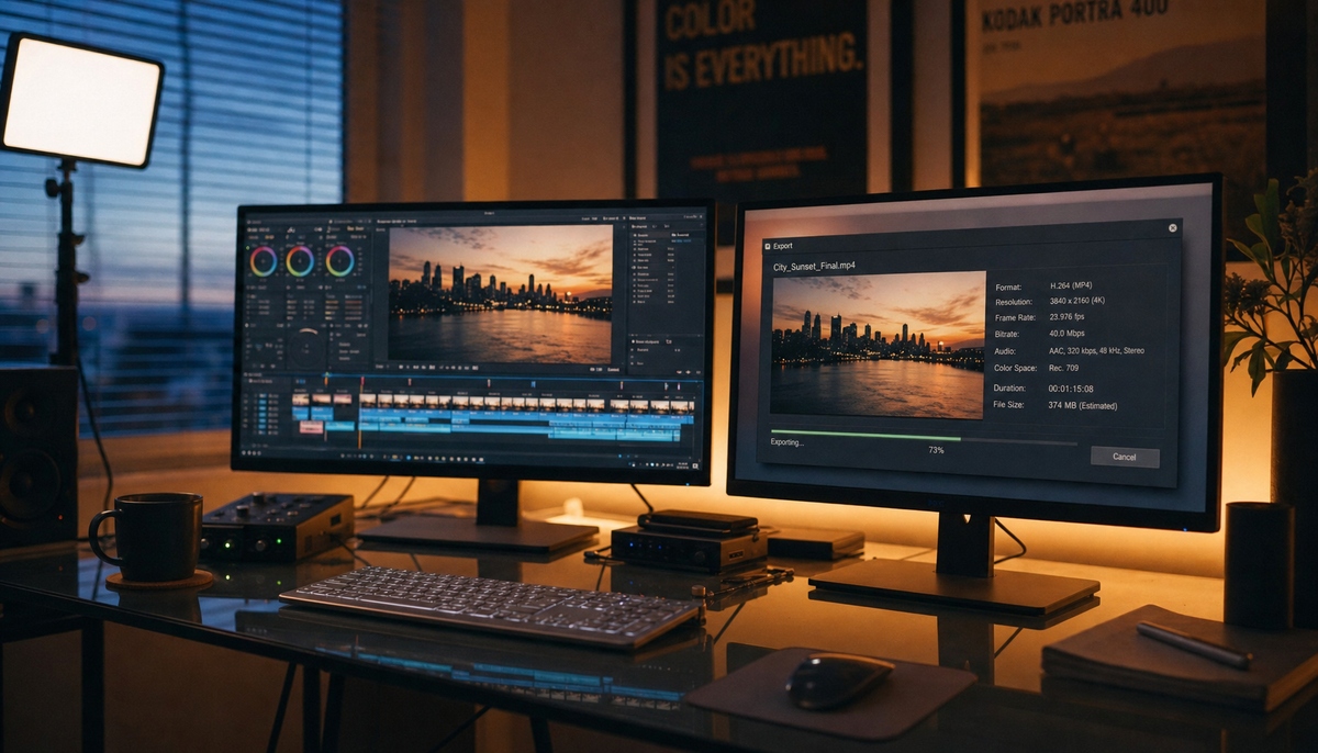 Dual-monitor editing desk setup for matching display settings to video delivery format