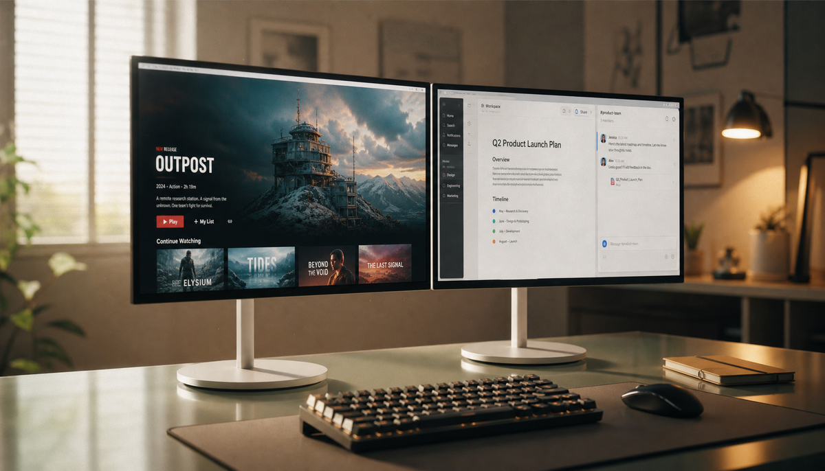 Dual monitor setup with full-screen video playing on one display while a productivity app stays active on the second monitor
