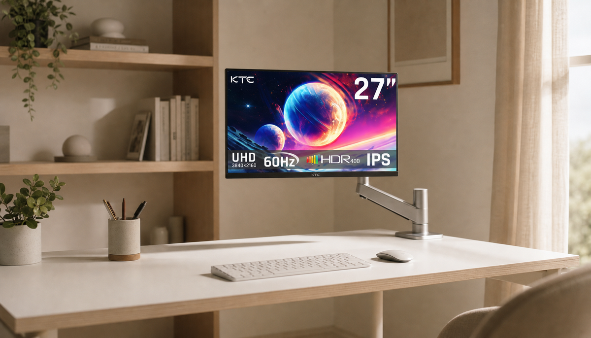 Ergonomic home office desk setup with monitor positioned at correct eye level on a monitor arm to prevent shoulder and neck pain