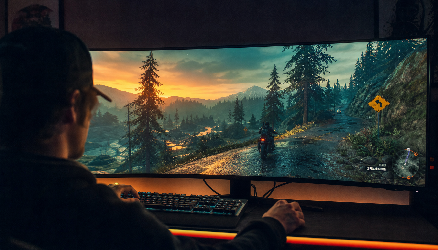 Gamer at a curved ultrawide monitor with a cinematic game filling the full screen edge to edge in a dark gaming room