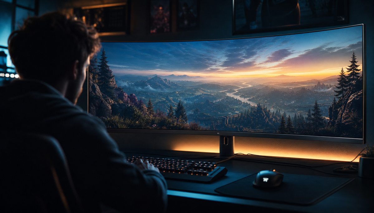 Gamer immersed in a curved ultrawide gaming monitor showing a panoramic open-world landscape in a dark gaming room