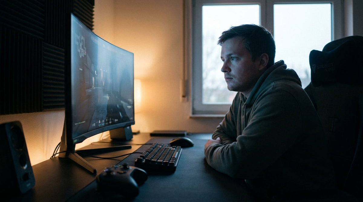 Gamer resting eyes by looking away from the monitor during a natural break in the gaming session