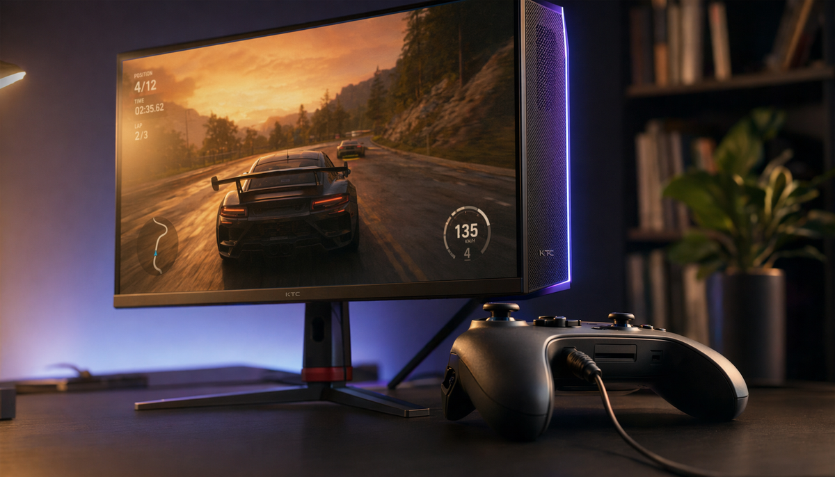 Gaming controller with headset plugged in next to a KTC gaming monitor still playing audio through its speakers