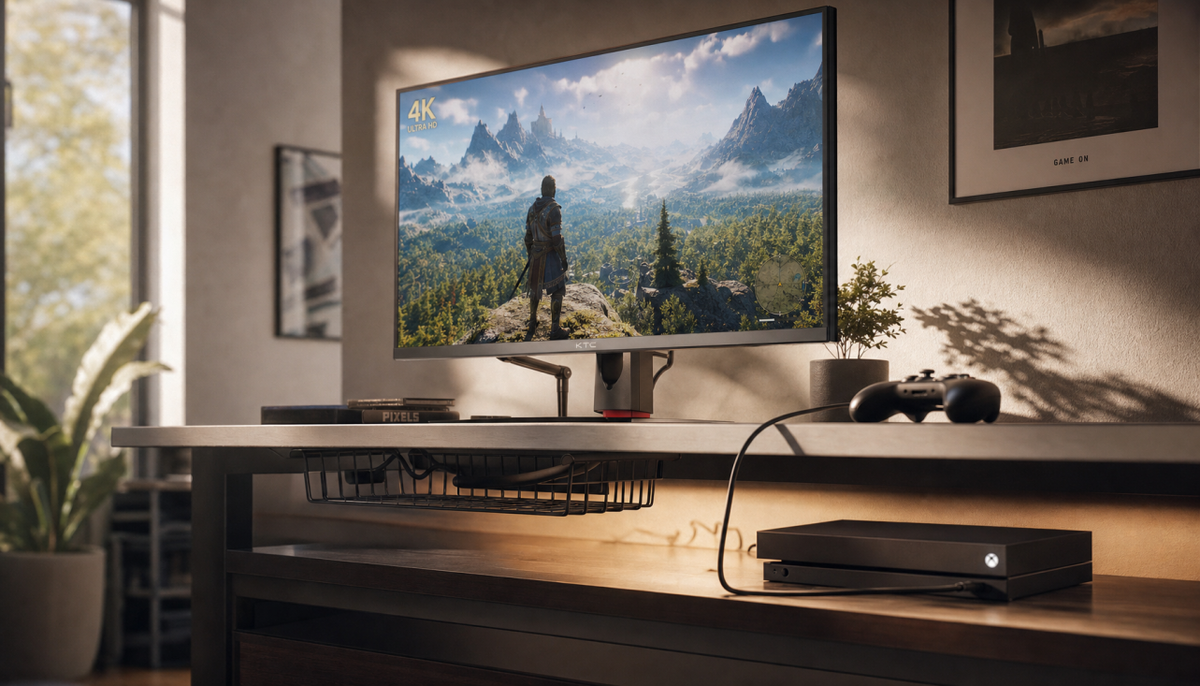 Gaming desk setup with a 4K monitor connected to a console via HDMI cable, showing a modern console gaming workspace