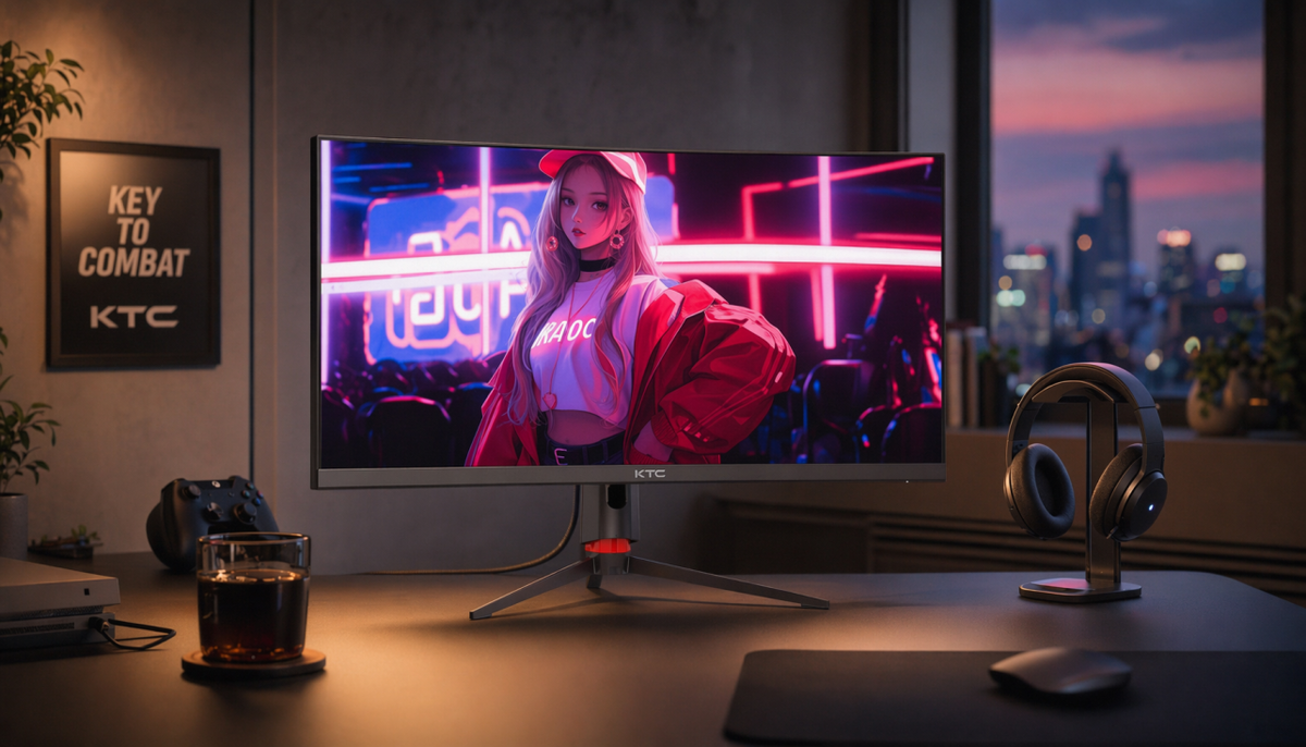 Gaming desk setup with monitor, wireless headset on stand, and console connected by HDMI — ready for split audio routing